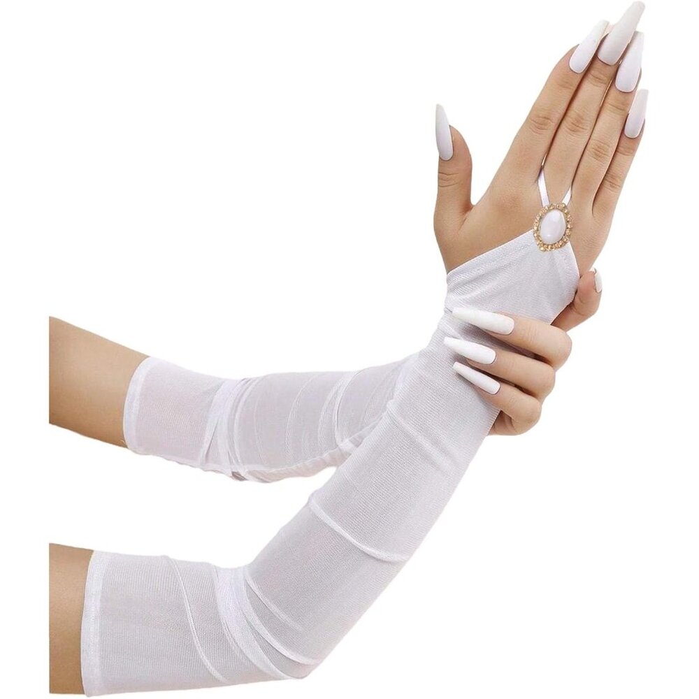 Women's White Gemstone Fingerless White Tulle Mesh Long Gloves Party Costume